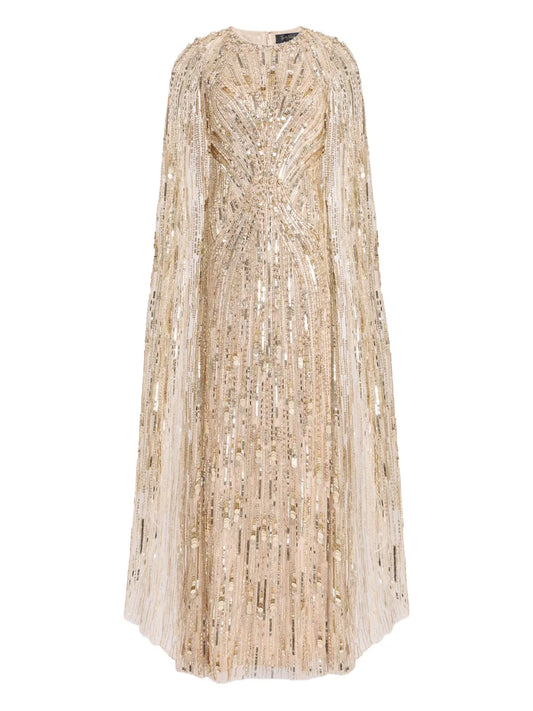 Jenny Packham Elio Sequin Embellished Maxi Dress — Beige — Size XS — Front View