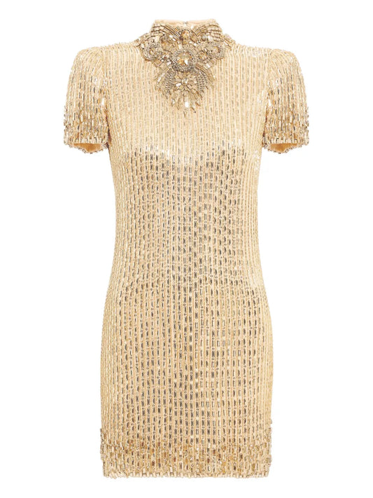 Jenny Packham Kitty Crystal Embellished Turtleneck Mini Dress — Gold — Size XS — Front View
