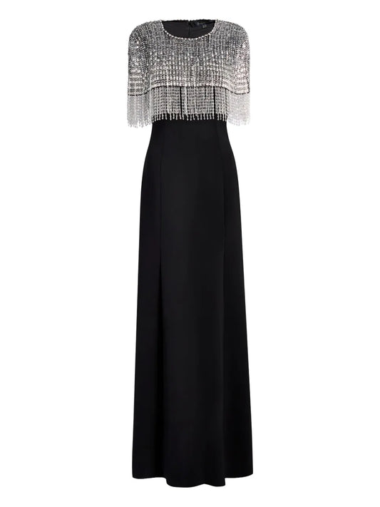 Jenny Packham Sabine Beaded Fringed Maxi Dress — Black — Size M — Front View