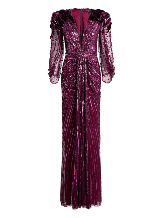 Jenny Packham Xenia Sequin Embellished Maxi Dress — Red/ Purple — Size S — Front View