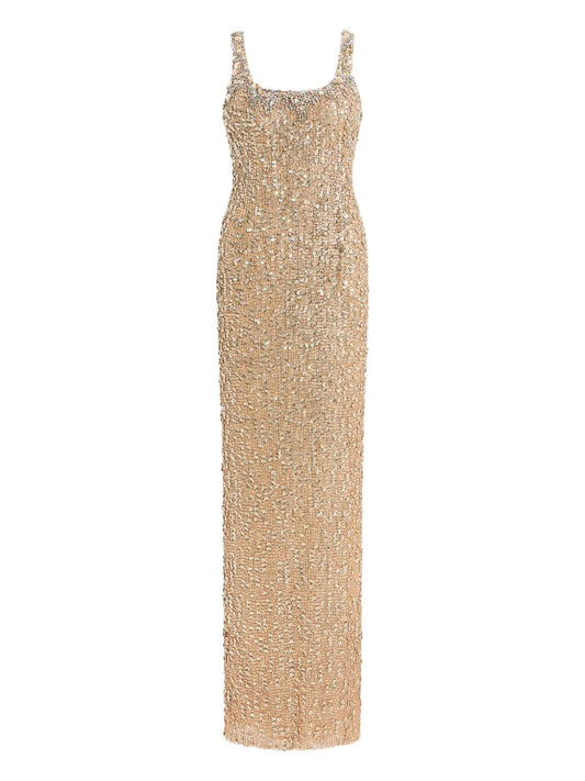 Jenny Packham Tatianna Sequin Embellished Maxi Dress — Beige — Size XS — Front View