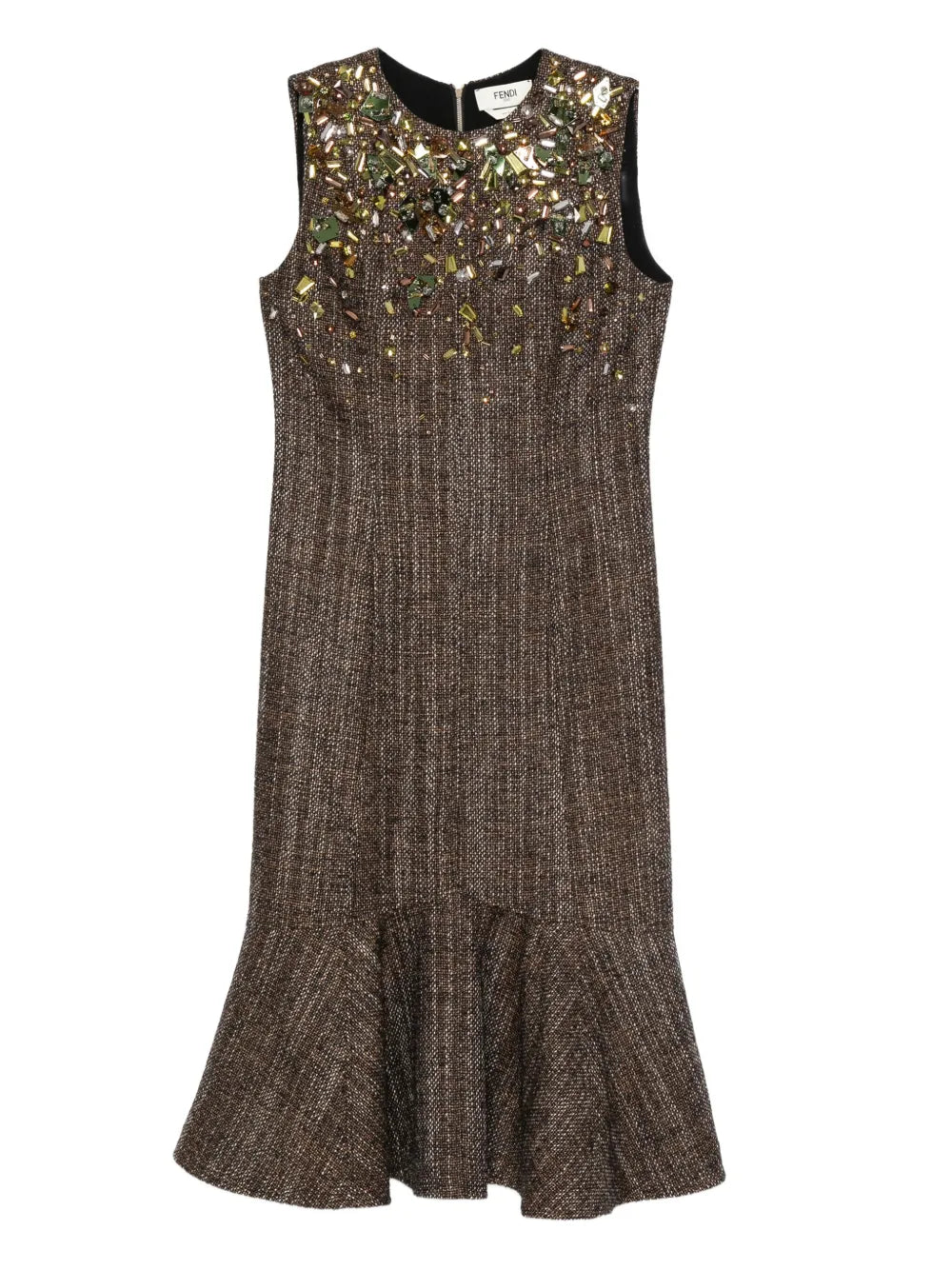 Fendi Embellished Ruffled Dress — Brown — Size XS — Front View