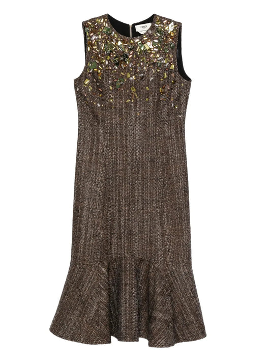Fendi Embellished Ruffled Dress — Brown — Size XS — Front View