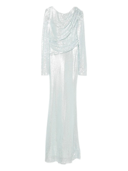 Atu Body Couture Sequin Embellished Drapped Maxi Dress — Blue — Size S — Front View
