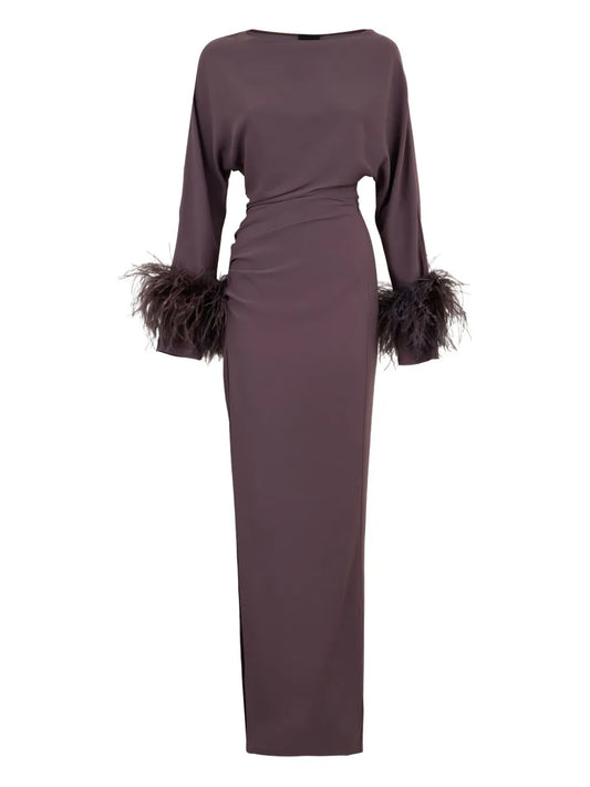 Lapointe Feather Trim Long Sleeve Maxi Dress — Brown — Size XS — Front View