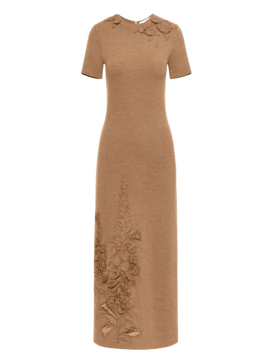 Oscar De La Renta Foxglove Embroidered Dress — Brown/ Red — Size XS — Front View