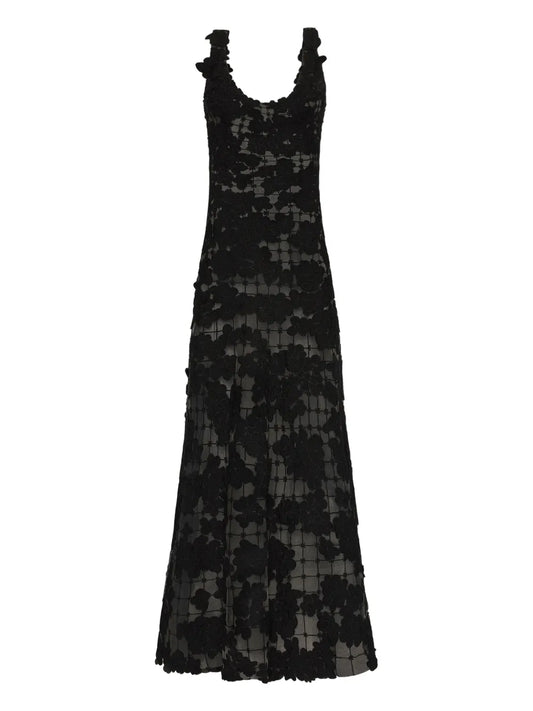 Oscar De La Renta Floral Cut Out Threadwork Gown — Black — Size XS — Front View