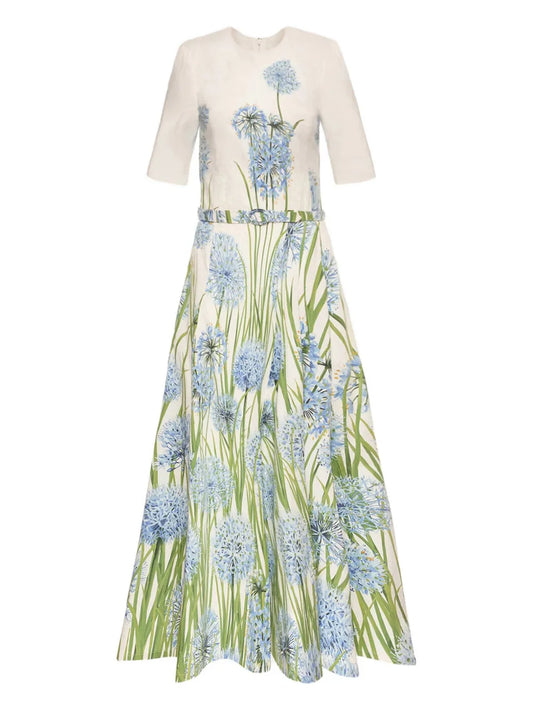 Oscar De La Renta Allium Cotton Poplin Midi Dress — White/ Blue — Size XS — Front View