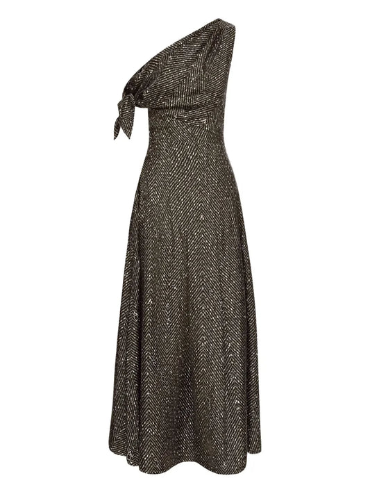 Oscar De La Renta Chevron Pattern Silk Twill Dress — Black/ White — Size XS — Front View