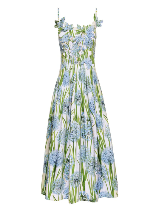 Oscar De La Renta Allium Embroidered Dress — Beige/ Blue/ Red — Size XS — Front View