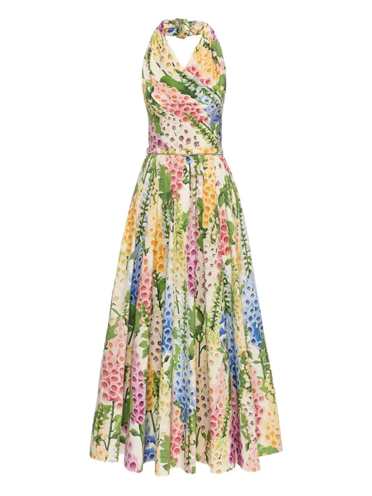 Oscar De La Renta Floral Pattern Midi Dress — White — Size XS — Front View