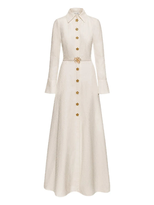 Oscar De La Renta Long Sleeve Maxi Dress — Off White/ White — Size XS — Front View