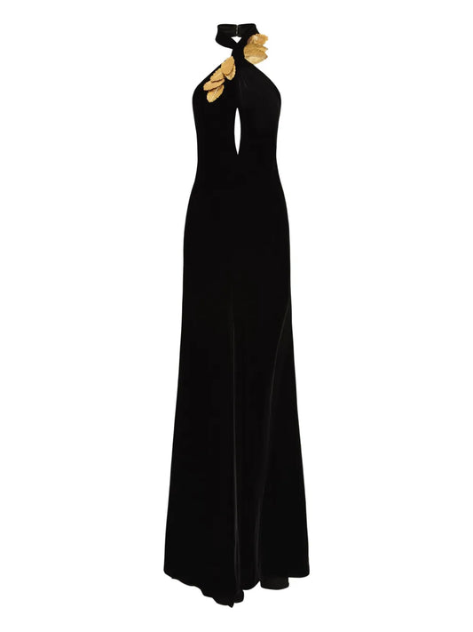 Oscar De La Renta Leaf Embellishment Velvet Gown — Black/ Gold — Size XS — Front View