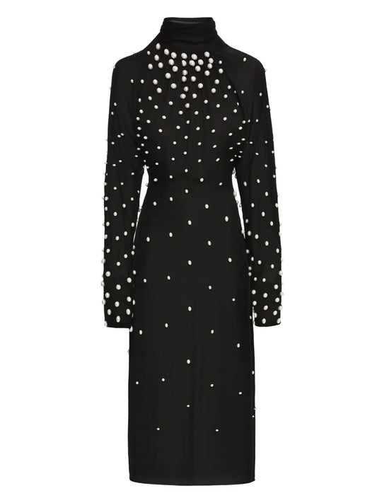 Oscar De La Renta Pearl Embellishment Georgette Midi Dress — Black — Size XS — Front View