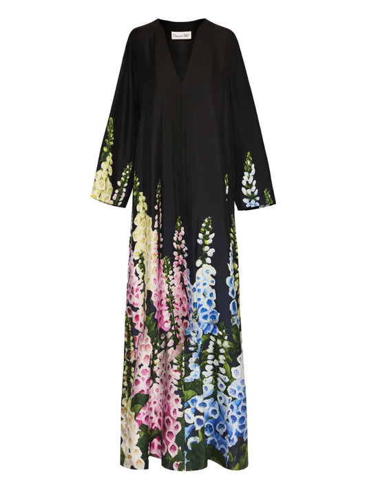 Oscar De La Renta Foxglove Silk Twill Dress — Black — Size XS — Front View