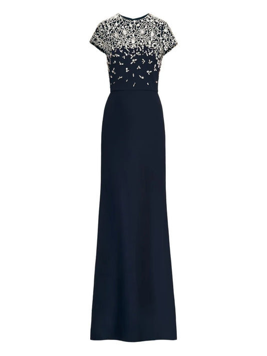 Oscar De La Renta Mosaic Pattern Embroidered Gown — Blue/ Navy/ Red — Size XS — Front View
