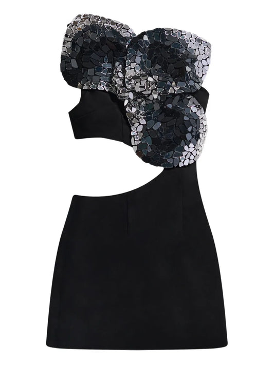 Area Embroidered Cut Out Mini Dress — Black/ Red — Size XS — Front View