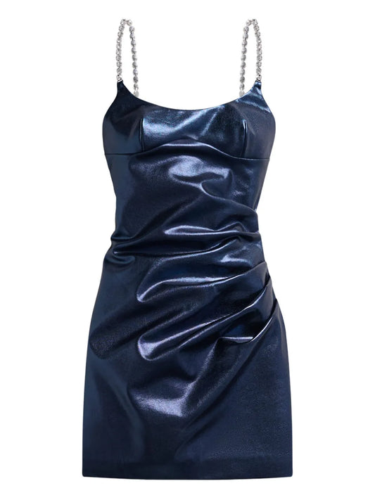 Area Crystal Strap Metallic Mini Dress — Grey/ Blue — Size XS — Front View