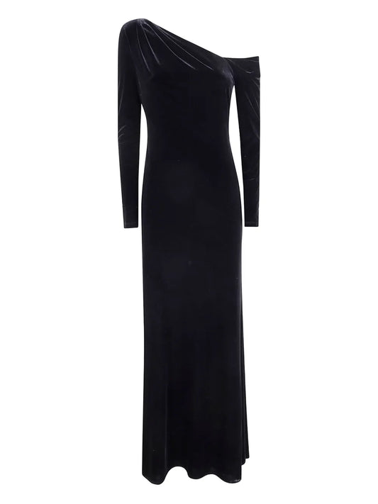 Lauren Ralph Lauren One Shoulder Velvet Dress — Black — Size S — Front View
