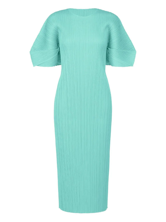 Pleats Please Issey Miyake Pleated Puff Sleeve Dress — Blue — Size M — Front View