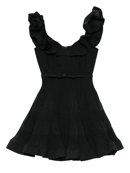 Zimmermann Pleated Frill Mini Dress — Black/ Red — Size XXL — Front View
