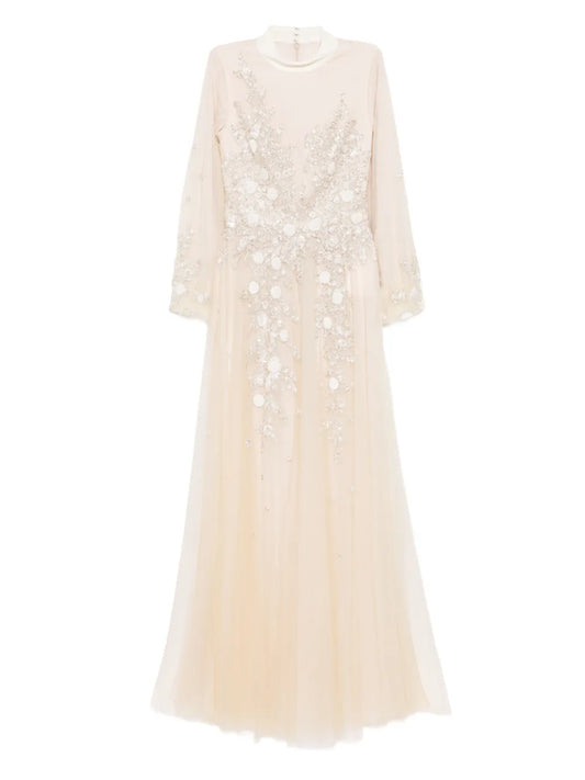 Saiid Kobeisy Embroidered Velvet Gown — Taupe/ Red — Size S — Front View
