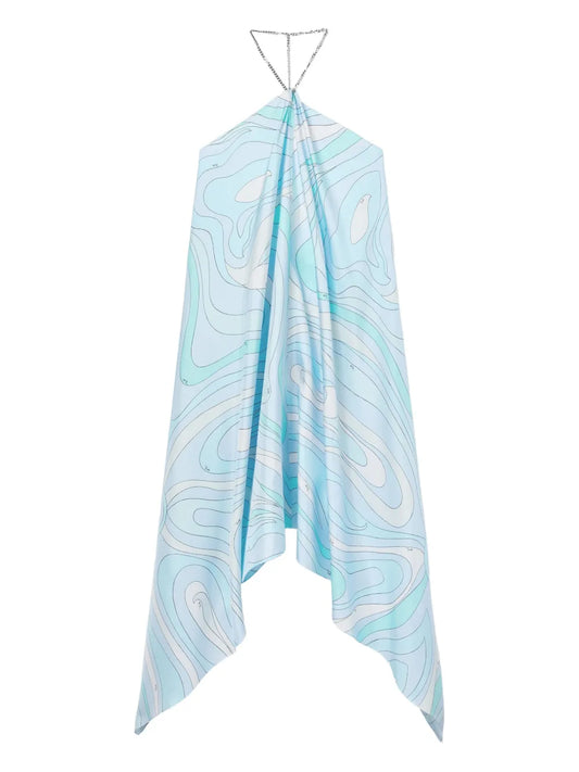 Pucci Marmo Print Silk Midi Dress — Blue — Size XS — Front View