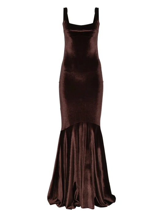 Atu Body Couture Velvet Texture Dress — Brown/ Red — Size XS — Front View
