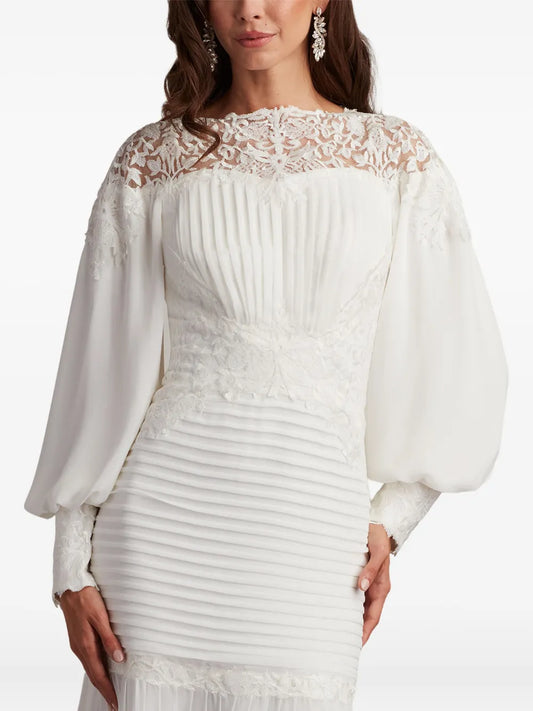 Tadashi Shoji Silverado Lace Pleated Dress — White/ Ivory/ Silver — Size XS — Front View