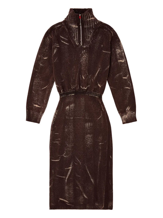 Diesel M Marcelle Zipped Turtleneck Midi Dress — Brown/ Red — Size S — Front View