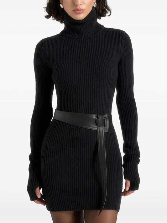 Maniere De Voir Kalia Turtleneck Belted Knitted Mini Dress — Black — Size XS — Front View