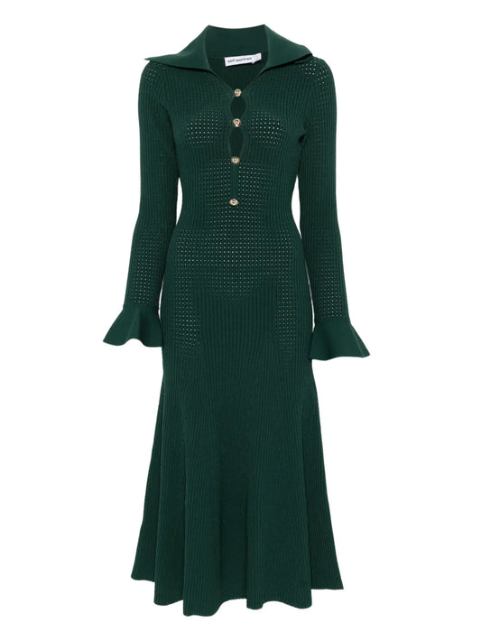 Self Portrait Collared Knitted Midi Dress — Red/ Green — Size XL — Front View
