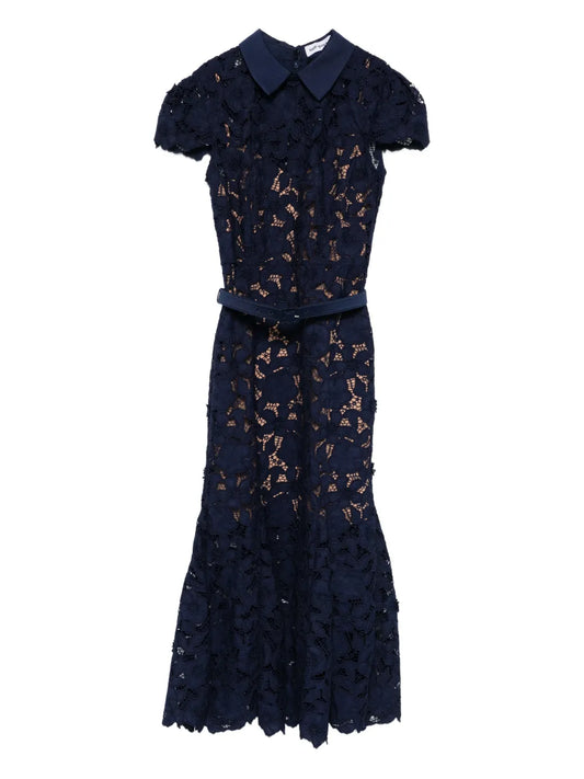 Self Portrait Guipure Lace Midi Dress — Blue — Size XS — Front View