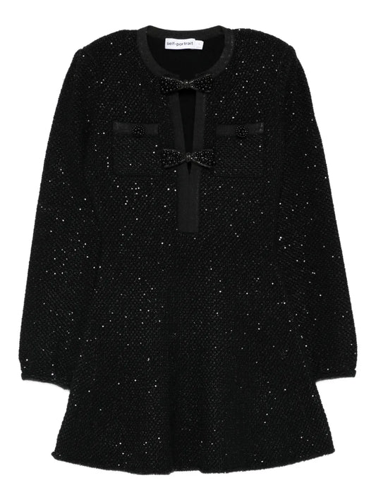 Self Portrait Sequin Bow Mini Dress — Black — Size XS — Front View
