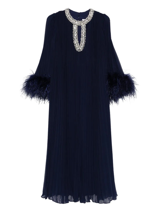 Self Portrait Feather Cuff Pleated Maxi Dress — Blue/ Navy — Size XS — Front View