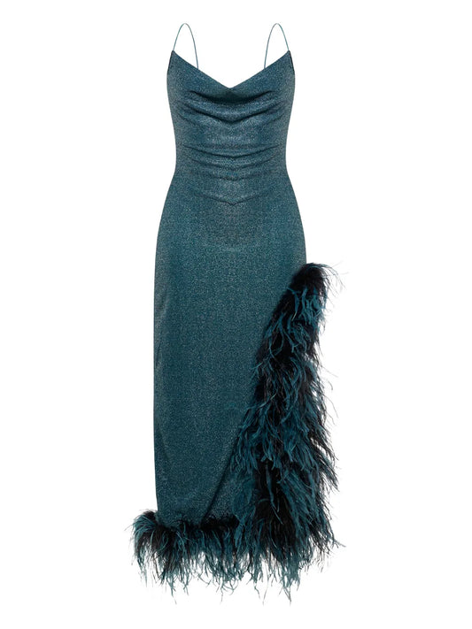 Oseree Lumiere Plumage Cowl Neck Asymmetric Dress — Blue — Size XS — Front View
