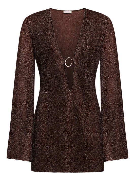 Oseree Lumiere V Neck Mini Dress — Brown — Size M — Front View