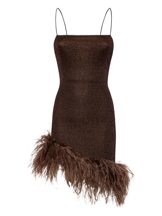 Oseree Lumiere Plumage Mini Dress — Brown — Size XS — Front View
