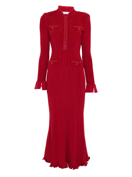Self Portrait Beaded Trim Ribbed Midi Dress — Red — Size XS — Front View
