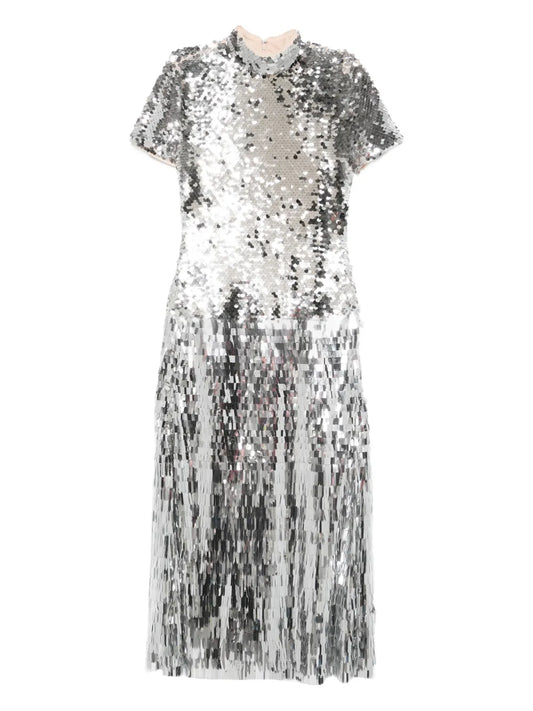 Self Portrait Sequin Midi Dress — Silver — Size XS — Front View