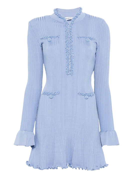 Self Portrait Pearl Trim Knit Mini Dress — Tan/ Blue — Size XS — Front View
