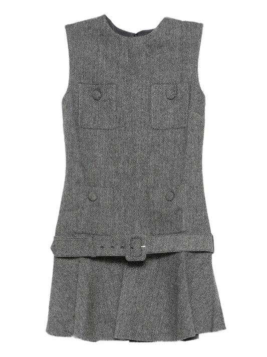 Self Portrait Herringbone Buckled Mini Dress — Grey/ Red — Size XS — Front View