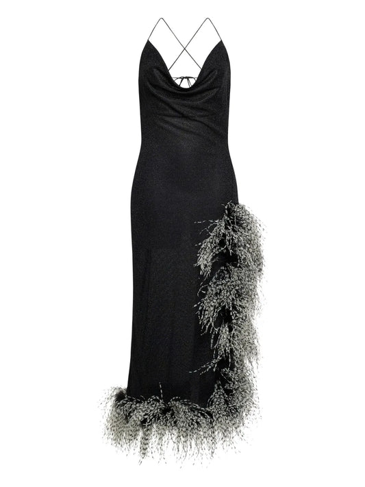 Oseree Lumiere Plumage Asymmetric Dress — Black — Size S — Front View