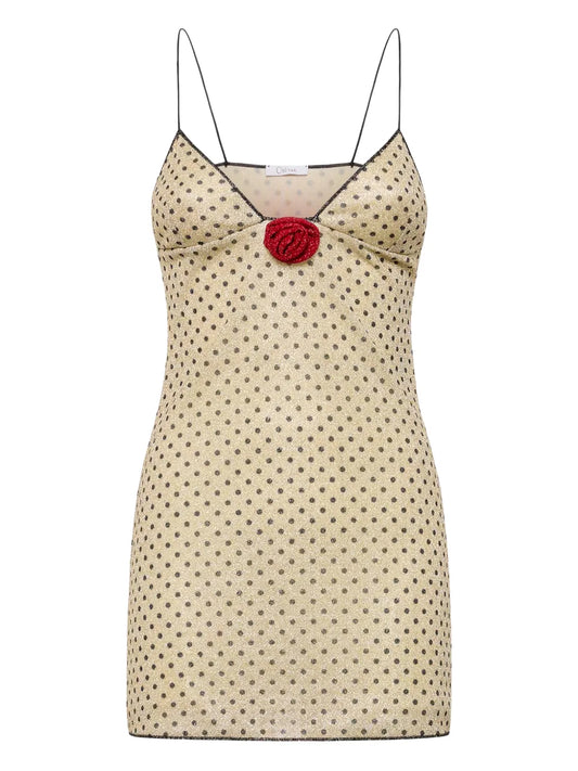 Oseree Lumiere Rose Pois Mini Dress — Beige/ Black — Size XS — Front View