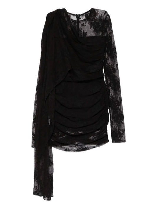 The Andamane Xenia Lace Draped Mini Dress — Black/ Red — Size M — Front View