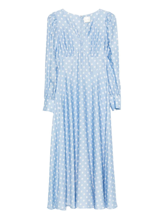 Posse Tillie Polka Dot V Neck Maxi Dress — Blue — Size XS — Front View