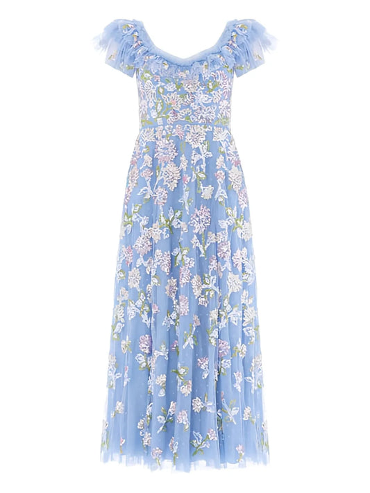 Needle Thread Sequin Ruffled Midi Dress — Blue — Size S — Front View