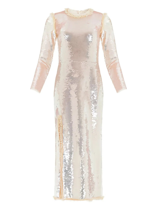 Needle Thread Valerie Gloss Sequin Long Sleeve Dress — Beige — Size XS — Front View