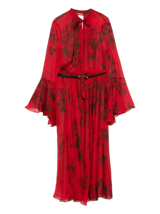 Max Mara Floral Print Belted Midi Dress — Red — Size XS — Front View