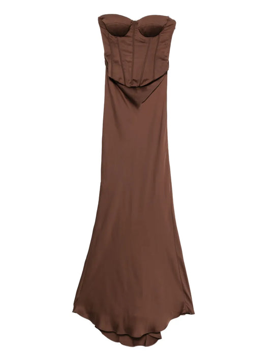 Rotate Birger Christensen Corset Panelled Dress — Brown/ Red — Size S — Front View
